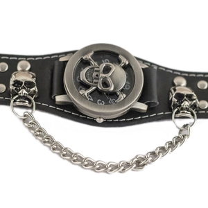 Punk gothic black leather watch bracelet with silver skull metal studs and chain links