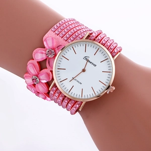 Geneva women's rose gold watch with pink multi-wrap bracelet and sparkling floral accents