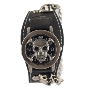 Punk Gothic Men Quartz Watch Leather Strap Alloy Skull Crossbones Metal Chain Rivet Halloween Fashion Wristwatch
