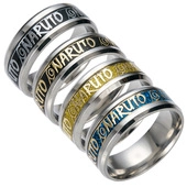Macro view of multi-color Naruto themed metal rings with Konoha leaf engravings
