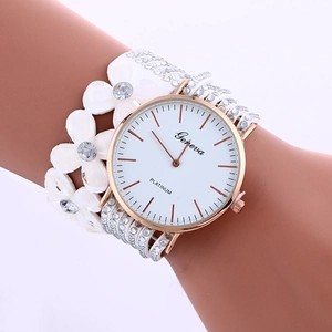 Fashionable floral wrap bracelet watch for women with rhinestones and white straps