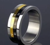Close-up of triple-layered stainless steel ring with Roman numeral engravings