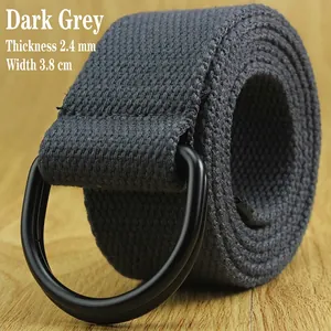 Dark grey canvas belt with black double D-ring metal buckle on a light wood background