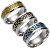 Close-up of three stainless steel rings with gold, black, and blue Star of David designs