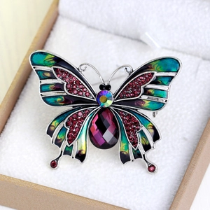 Vintage enamel butterfly brooch with green gradient wings and purple crystal in gift box