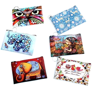 Cartoon Printed Coin Purse PU Leather Zipper Small Wallet With Key Ring Owl Elephant Pattern Retro Ethnic Style For Girls Women