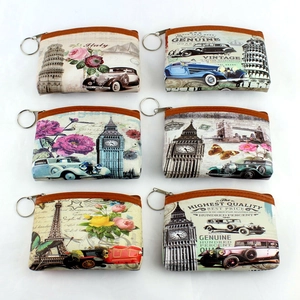 Set of six vintage coin purses with Eiffel Tower prints and retro European architecture