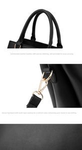Detail of black leather handbag featuring gold-tone hardware and lychee grain texture