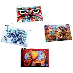 Artistic 3D printed cartoon mini wallets with owl and elephant patterns and keyrings