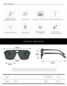 Detailed size chart for square frame unisex sunglasses with PC material and dimensions