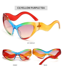 Detailed views of cat-eye sunglasses with rainbow frames and wavy flame-shaped temples