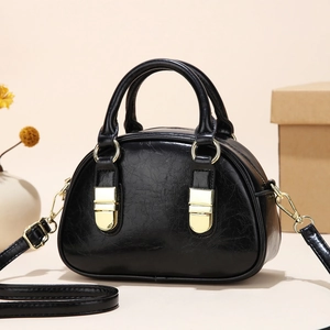 Women Shell Handbag Vintage PU Leather Crossbody Bag Small Shoulder Bowling Bag With Gold Hardware Detachable Strap Fashionable Retro Style Ladies Purse