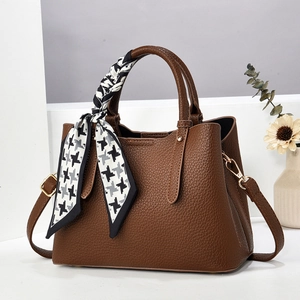 Brown lychee pattern handbag with houndstooth silk scarf and gold metal hardware