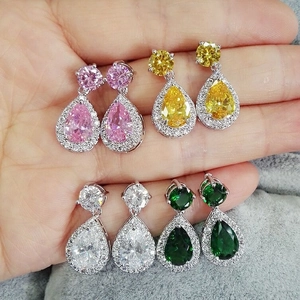 Elegant halo teardrop zircon earrings in pink, yellow, clear and emerald green stones