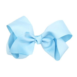 Detail view of a 15cm light blue grosgrain ribbon hair bow for babies on white background
