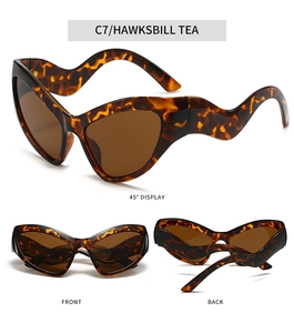 Three-angle view of tortoiseshell cat eye sunglasses with unique wavy curved frames