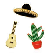 Three-piece Mexican style enamel pin set with sombrero, guitar and cactus details