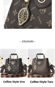 Close-up of litchi grain leather handbags with vintage patterns and leaf charms