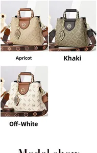 Detailed view of women's patterned handbags in apricot and khaki colors with wide straps