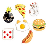 Set of seven colorful enamel pins featuring pizza, burger, hot dog and BOOM bomb designs