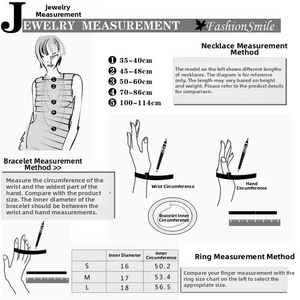Size guide for jewelry including measurement charts for necklaces, bracelets and rings