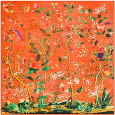 Detailed pattern of chinoiserie silk scarf featuring birds and floral motifs in coral red