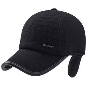 Men's winter quilted baseball cap with ear flaps and leather trim in classic black