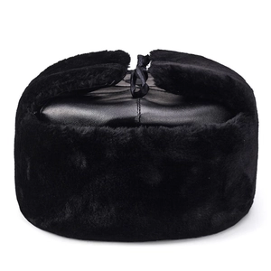 Winter thermal trapper hat for men in black leather with thick faux fur earflaps