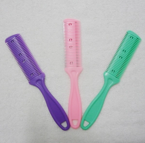 Hair thinning comb set in purple, pink, and green colors with double-sided razor blades