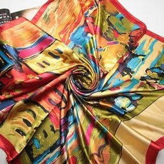 Elegant 90cm square silk scarf with oil painting floral pattern and hand-rolled edges
