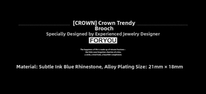 Detail specifications of crown brooch featuring dark blue crystals and alloy plating