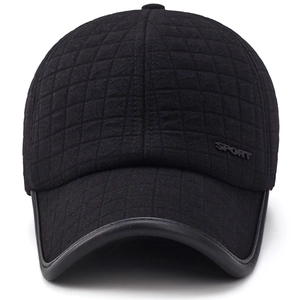 Men's winter baseball cap with quilted plaid pattern and sport logo in deep black