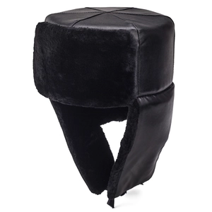 Winter thermal trapper hat in black faux leather with thick plush lining for men