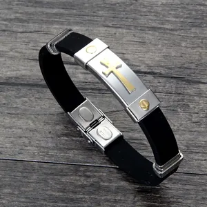 Men's multilayer black silicone bracelet with silver stainless steel cross and gold screws