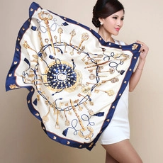 Detail of 90x90cm silk scarf with retro gold keys, chains, and blue borders on cream base
