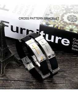 Men's multi-layer cross bracelet with black silicone strap and vintage steel chain