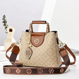 Women Vintage Monogram Print Handbag PU Leather Crossbody Bag Metal Chain Handle Removable Wide Strap Retro Leaf Pendant