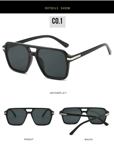 Detail view of square double-bridge sunglasses in black with silver hinge accents