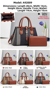 Detail view of striped canvas crossbody bag set with interior compartments and size dimensions