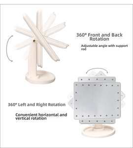 Detail view of LED makeup mirror with storage base showing 360-degree rotation function