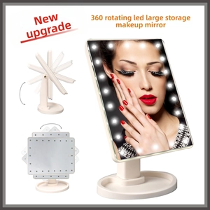 Detail of 360 degree rotating white LED makeup mirror with large storage base