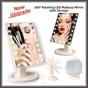Detail view of led makeup mirror with 360-degree rotation and storage base in beige