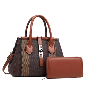 Brown striped canvas and PU leather women's handbag set with matching zipper wallet