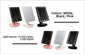 Detail of LED makeup mirrors in pink, white, and black colors with 16 LED lights