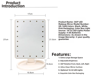 Macro detail of LED makeup mirror showing 360-degree rotation and storage base