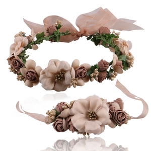 Floral headband and wrist corsage set with dusty pink roses and ribbons for weddings