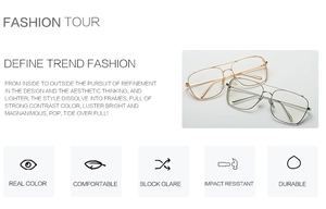 Detail of minimalist gold and silver metal aviator frames with large square lenses