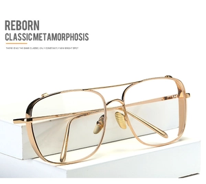 Detailed side view of oversized gold metal pilot frames with clear flat lenses