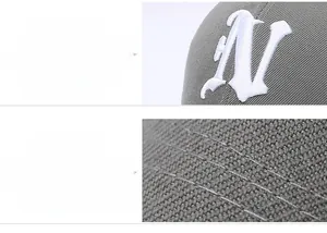 Vue détaillée de la broderie N blanche et des coutures renforcées sur la casquette grise