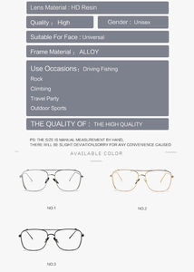 Unisex aviator glasses frames made of durable alloy with HD resin lenses in three colors